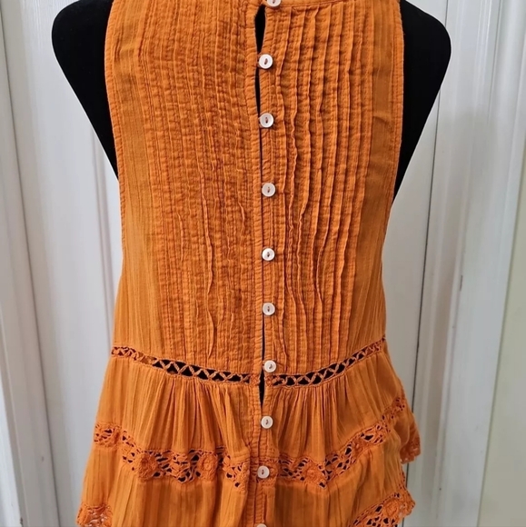 $78 Free People Orange Firecracker Constant Crush Shirt Back Buttons size S - Picture 2 of 4